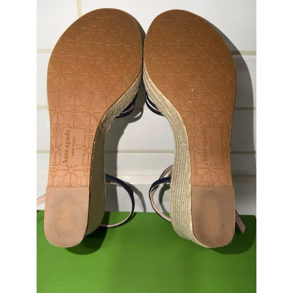 Kate Spade Tessa Navy Blue Leather Espadrille Wedge Sandals Size 11 B EUC